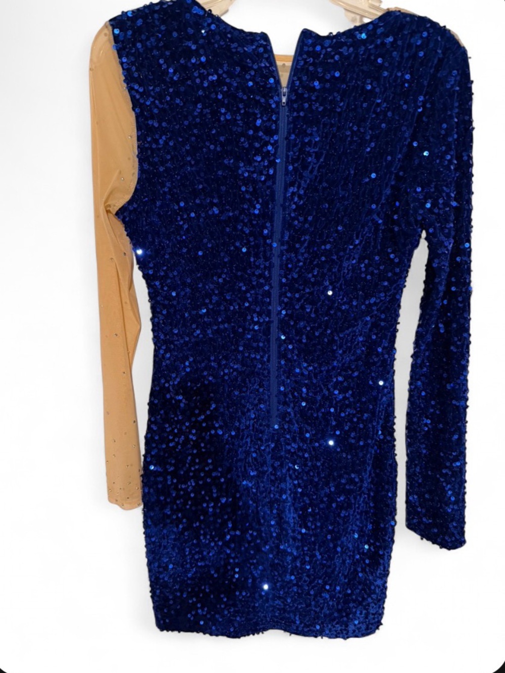 Sydney INC Blue Sequin Rhinestone Sheer Long Sleeve Bodycon Cocktail Dress - Picture 5 of 6